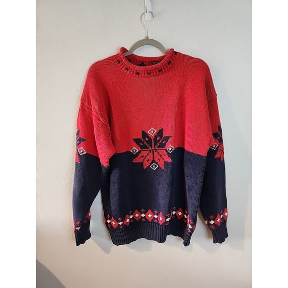 Vintage Gap Sweater Mens Medium Red Blue Fair Isle Snowflake Roll Neck Fisherman - Picture 1 of 5